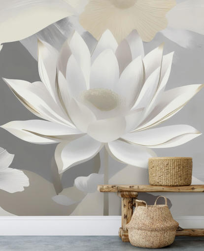 grå och vit blommig väggmålning som heter Dance of Lotuses Grey av Marina Stupakova