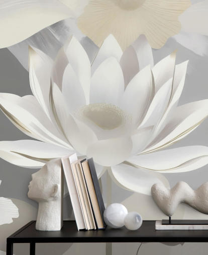 mural floral gris y blanco llamado Dance of Lotuses Grey de Marina Stupakova