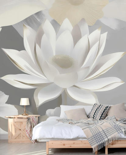 grått og hvitt blomstermaleri kalt Dance of Lotuses Grey av Marina Stupakova grått og hvitt blomstermaleri kalt Dance of Lotuses Grey av Marina Stupakova