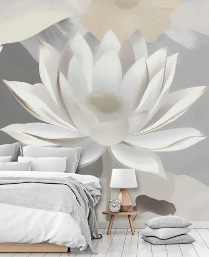 mural floral cinza e branco chamado Dance of Lotuses Grey de Marina Stupakova