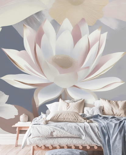 murale floreale bianco, rosa e viola chiamato Dance of Lotuses di Marina Stupakova per camere da letto e sale da pranzo