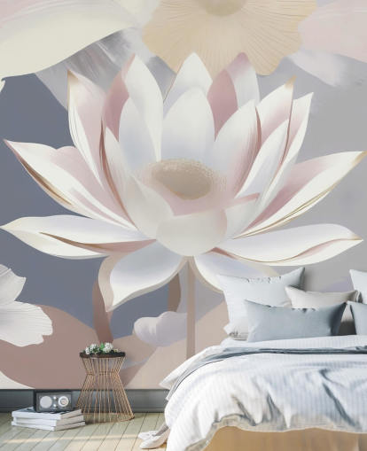 white, pink and purple floral mural called Dance of Lotuses by Marina Stupakova for bedrooms and dining rooms