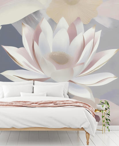 white, pink and purple floral mural called Dance of Lotuses by Marina Stupakova for bedrooms and dining rooms