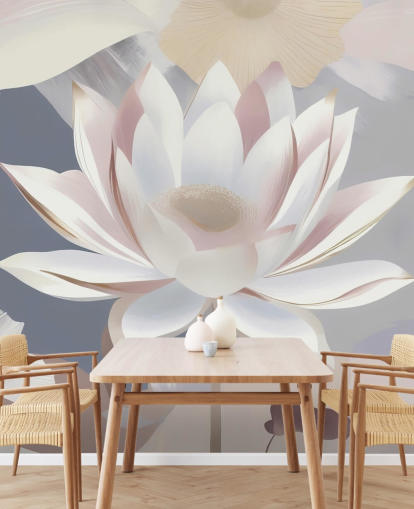 white, pink and purple floral mural called Dance of Lotuses by Marina Stupakova for bedrooms and dining rooms