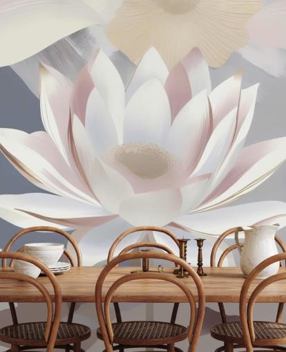 white, pink and purple floral mural called Dance of Lotuses by Marina Stupakova for bedrooms and dining rooms