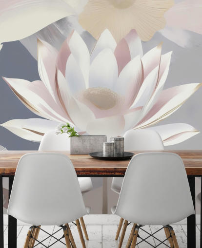 vit, rosa och lila blommig väggmålning kallad Dance of Lotuses av Marina Stupakova för sovrum och matsalar