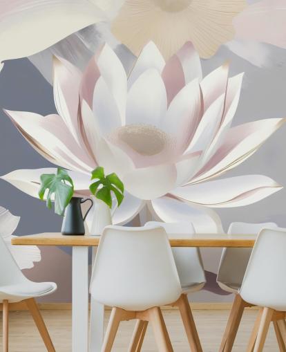 murale floreale bianco, rosa e viola chiamato Dance of Lotuses di Marina Stupakova per camere da letto e sale da pranzo murale floreale bianco, rosa e viola chiamato Dance of Lotuses di Marina Stupakova per camere da letto e sale da pranzo