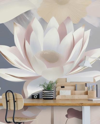 murale floreale bianco, rosa e viola chiamato Dance of Lotuses di Marina Stupakova per camere da letto e sale da pranzo