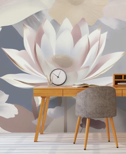 white, pink and purple floral mural called Dance of Lotuses by Marina Stupakova for bedrooms and dining rooms