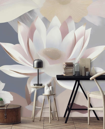 white, pink and purple floral mural called Dance of Lotuses by Marina Stupakova for bedrooms and dining rooms