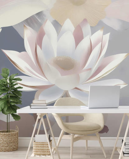 white, pink and purple floral mural called Dance of Lotuses by Marina Stupakova for bedrooms and dining rooms