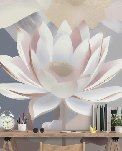 white, pink and purple floral mural called Dance of Lotuses by Marina Stupakova for bedrooms and dining rooms white, pink and purple floral mural called Dance of Lotuses by Marina Stupakova for bedrooms and dining rooms