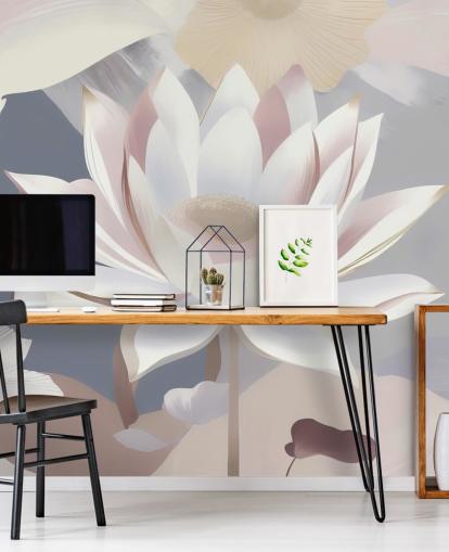 murale floreale bianco, rosa e viola chiamato Dance of Lotuses di Marina Stupakova per camere da letto e sale da pranzo