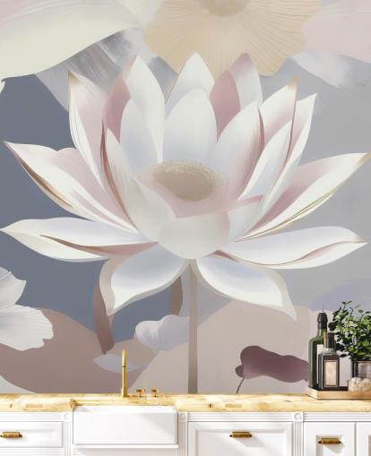 murale floreale bianco, rosa e viola chiamato Dance of Lotuses di Marina Stupakova per camere da letto e sale da pranzo murale floreale bianco, rosa e viola chiamato Dance of Lotuses di Marina Stupakova per camere da letto e sale da pranzo