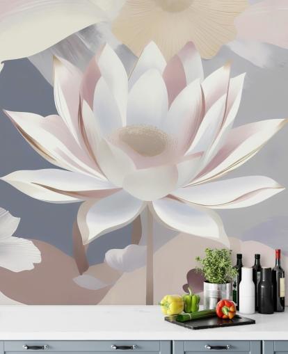 mural floral blanco, rosa y morado llamado Dance of Lotuses de Marina Stupakova para dormitorios y comedores