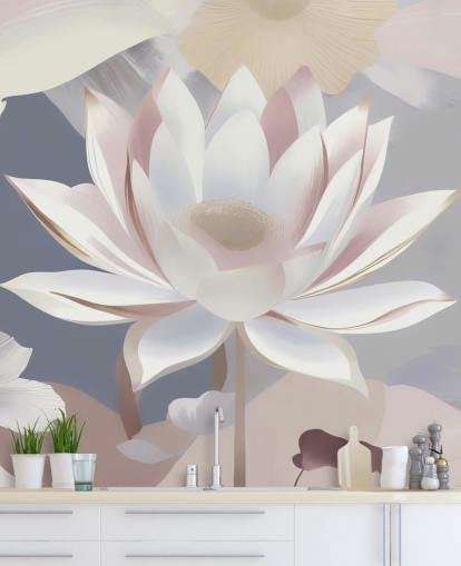 white, pink and purple floral mural called Dance of Lotuses by Marina Stupakova for bedrooms and dining rooms