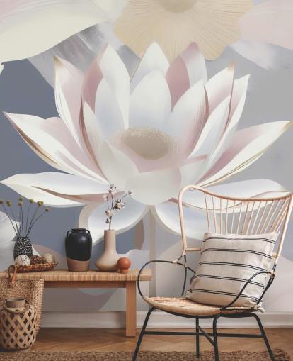 witte, roze en paarse bloemenmuurschildering genaamd Dance of Lotuses van Marina Stupakova voor slaapkamers en eetkamers