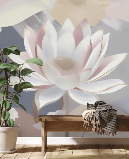 vit, rosa och lila blommig väggmålning kallad Dance of Lotuses av Marina Stupakova för sovrum och matsalar