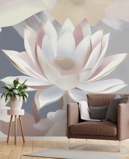 weißes, rosafarbenes und lila Blumengemälde namens Dance of Lotuses von Marina Stupakova für Schlafzimmer und Esszimmer