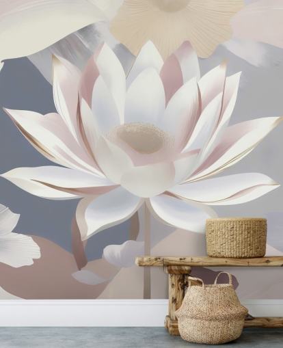 murale floreale bianco, rosa e viola chiamato Dance of Lotuses di Marina Stupakova per camere da letto e sale da pranzo