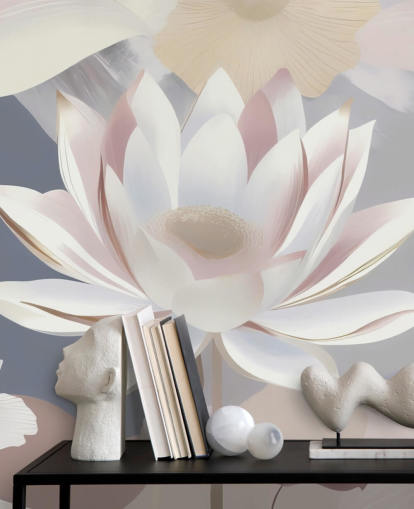 witte, roze en paarse bloemenmuurschildering genaamd Dance of Lotuses van Marina Stupakova voor slaapkamers en eetkamers