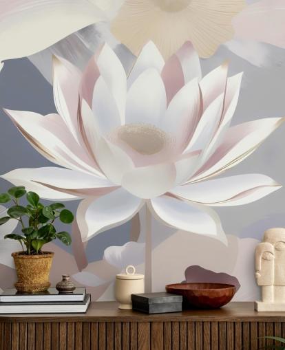 vit, rosa och lila blommig väggmålning kallad Dance of Lotuses av Marina Stupakova för sovrum och matsalar