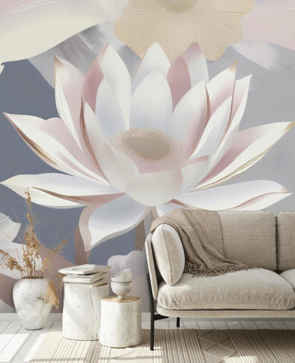 mural floral branco, rosa e roxo chamado Dance of Lotuses de Marina Stupakova para quartos e salas de jantar mural floral branco, rosa e roxo chamado Dance of Lotuses de Marina Stupakova para quartos e salas de jantar