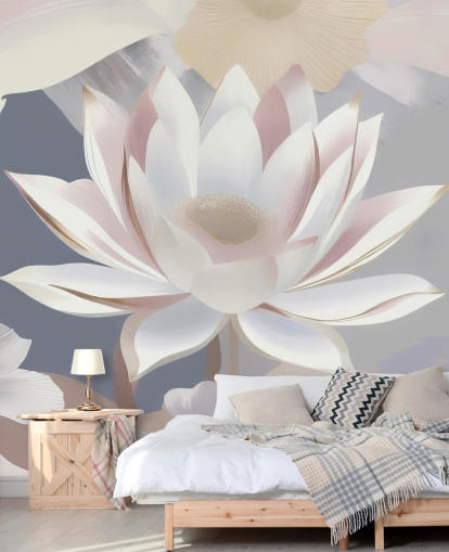 weißes, rosafarbenes und lila Blumengemälde namens Dance of Lotuses von Marina Stupakova für Schlafzimmer und Esszimmer