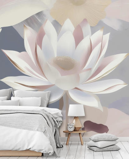 mural floral branco, rosa e roxo chamado Dance of Lotuses de Marina Stupakova para quartos e salas de jantar