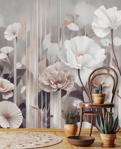 roze en grijze bloemenmuurschildering genaamd Gardens of Dawn Blush van Marina Stupakova roze en grijze bloemenmuurschildering genaamd Gardens of Dawn Blush van Marina Stupakova