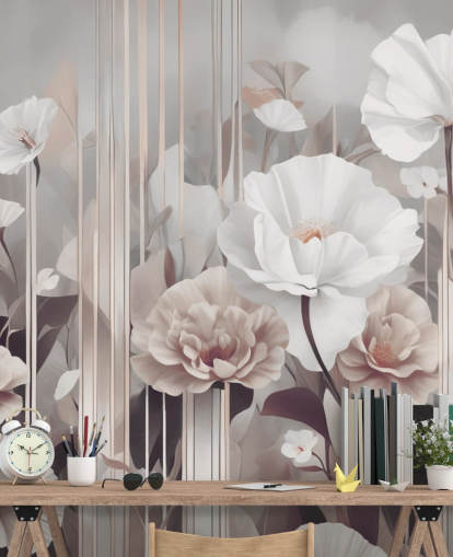 murale floreale rosa e grigio chiamato Gardens of Dawn Blush di Marina Stupakova