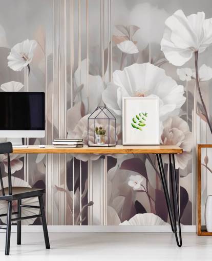 mural floral rosa y gris llamado Gardens of Dawn Blush de Marina Stupakova