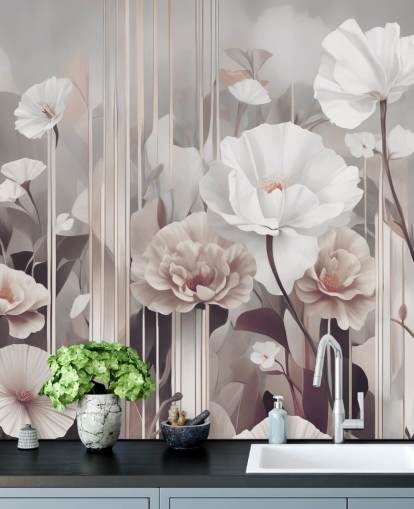 peinture murale florale rose et grise intitulée Gardens of Dawn Blush de Marina Stupakova peinture murale florale rose et grise intitulée Gardens of Dawn Blush de Marina Stupakova