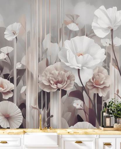 pink and gray floral mural called Gardens of Dawn Blush by Marina Stupakova