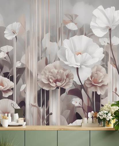 pink and grey floral mural called Gardens of Dawn Blush by Marina Stupakova pink and grey floral mural called Gardens of Dawn Blush by Marina Stupakova