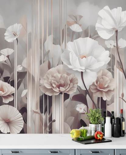 mural floral rosa y gris llamado Gardens of Dawn Blush de Marina Stupakova