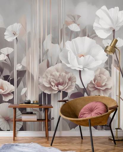 peinture murale florale rose et grise intitulée Gardens of Dawn Blush de Marina Stupakova