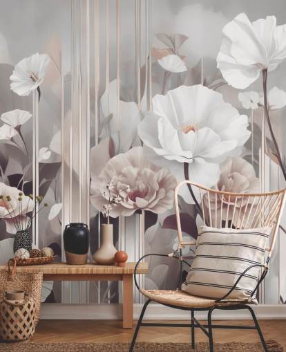 murale floreale rosa e grigio chiamato Gardens of Dawn Blush di Marina Stupakova murale floreale rosa e grigio chiamato Gardens of Dawn Blush di Marina Stupakova