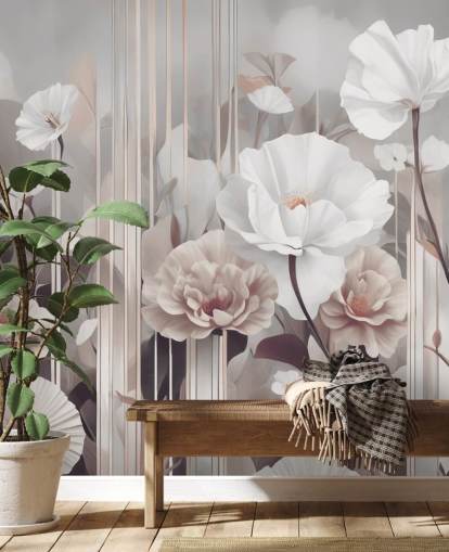 rosafarbenes und graues Blumengemälde namens Gardens of Dawn Blush von Marina Stupakova