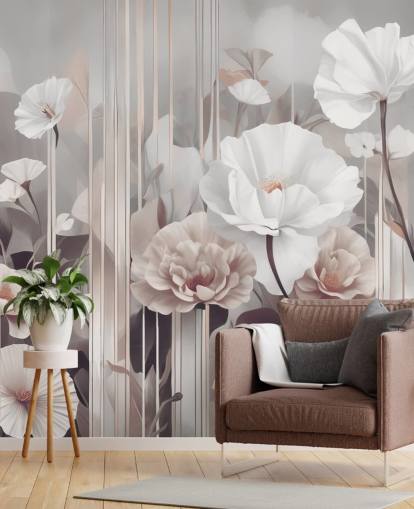 mural floral rosa y gris llamado Gardens of Dawn Blush de Marina Stupakova