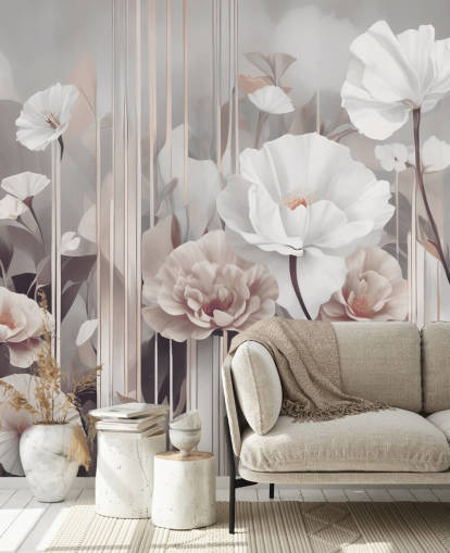 peinture murale florale rose et grise intitulée Gardens of Dawn Blush de Marina Stupakova