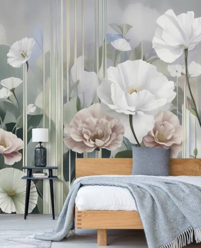 white, pink and green floral mural called Gardens of Dawn by Marina Stupakova