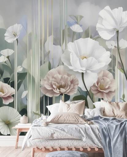 vit, rosa och grön blommig väggmålning kallad Gardens of Dawn av Marina Stupakova vit, rosa och grön blommig väggmålning kallad Gardens of Dawn av Marina Stupakova