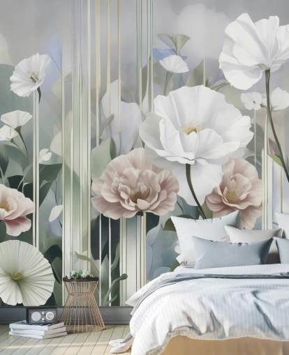 mural floral branco, rosa e verde chamado Gardens of Dawn, de Marina Stupakova mural floral branco, rosa e verde chamado Gardens of Dawn, de Marina Stupakova