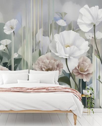 vit, rosa och grön blommig väggmålning kallad Gardens of Dawn av Marina Stupakova