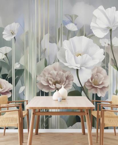 white, pink and green floral mural called Gardens of Dawn by Marina Stupakova