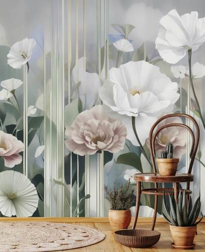 weißes, rosafarbenes und grünes Blumengemälde namens Gardens of Dawn von Marina Stupakova