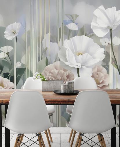 white, pink and green floral mural called Gardens of Dawn by Marina Stupakova