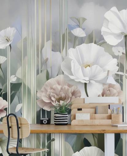 white, pink and green floral mural called Gardens of Dawn by Marina Stupakova