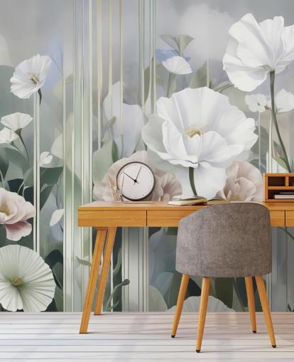 white, pink and green floral mural called Gardens of Dawn by Marina Stupakova white, pink and green floral mural called Gardens of Dawn by Marina Stupakova